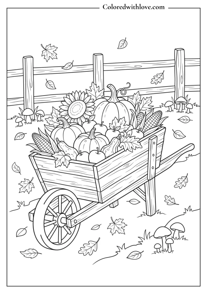 Fall coloring page showing a rustic wheelbarrow filled with pumpkins, apples, corn, sunflowers, gourds, and autumn leaves.