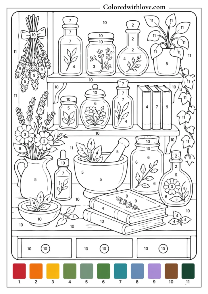 Adult color by number botanical apothecary coloring page with herbs, flowers, bottles, jars and books