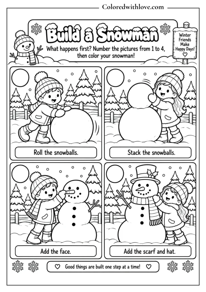 Build a snowman sequencing coloring activity with four winter steps for kids