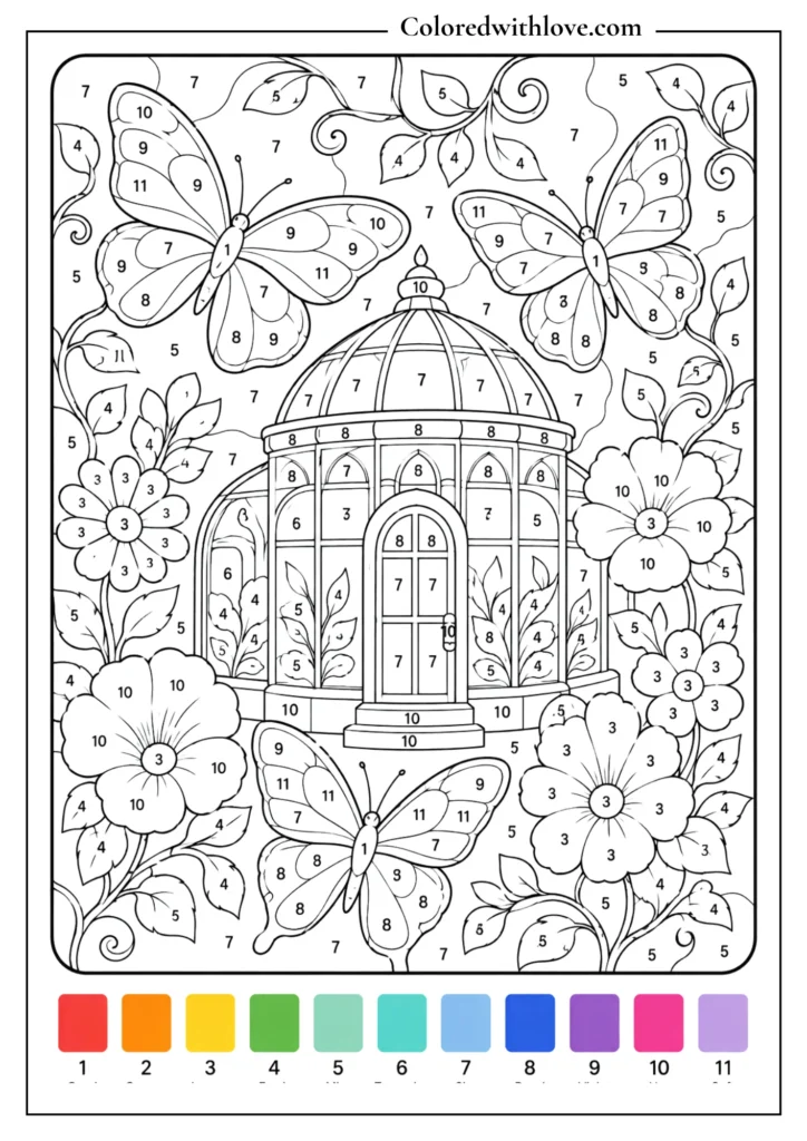 Adult color by number butterfly conservatory coloring page with butterflies, flowers, leaves and vines