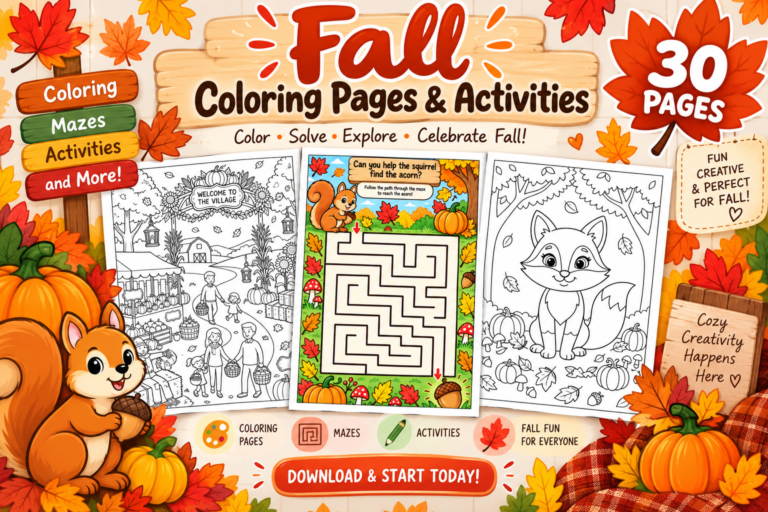 Fall Coloring Pages & Activities printable featuring 30 pages of autumn-themed coloring sheets, mazes, and fun activities for kids, with pumpkins, colorful fall leaves, a squirrel, and a cute fox.