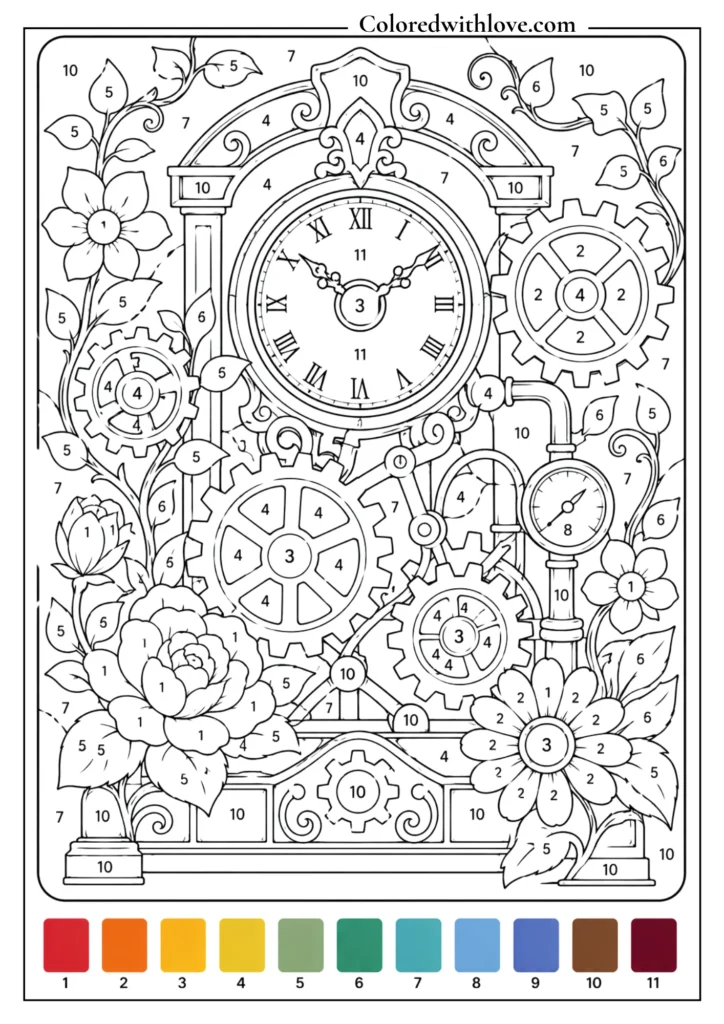 Adult color by number clockwork garden coloring page with gears, clock, flowers, vines and metal arches