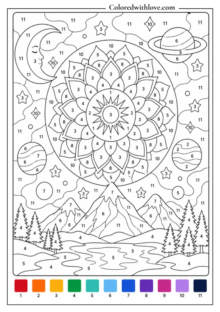 Adult color by number cosmic mandala coloring page with moon, planets, stars and mountain landscape