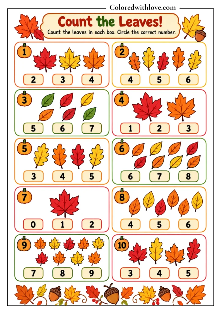 Fall activity worksheet featuring groups of autumn leaves for children to count and identify.