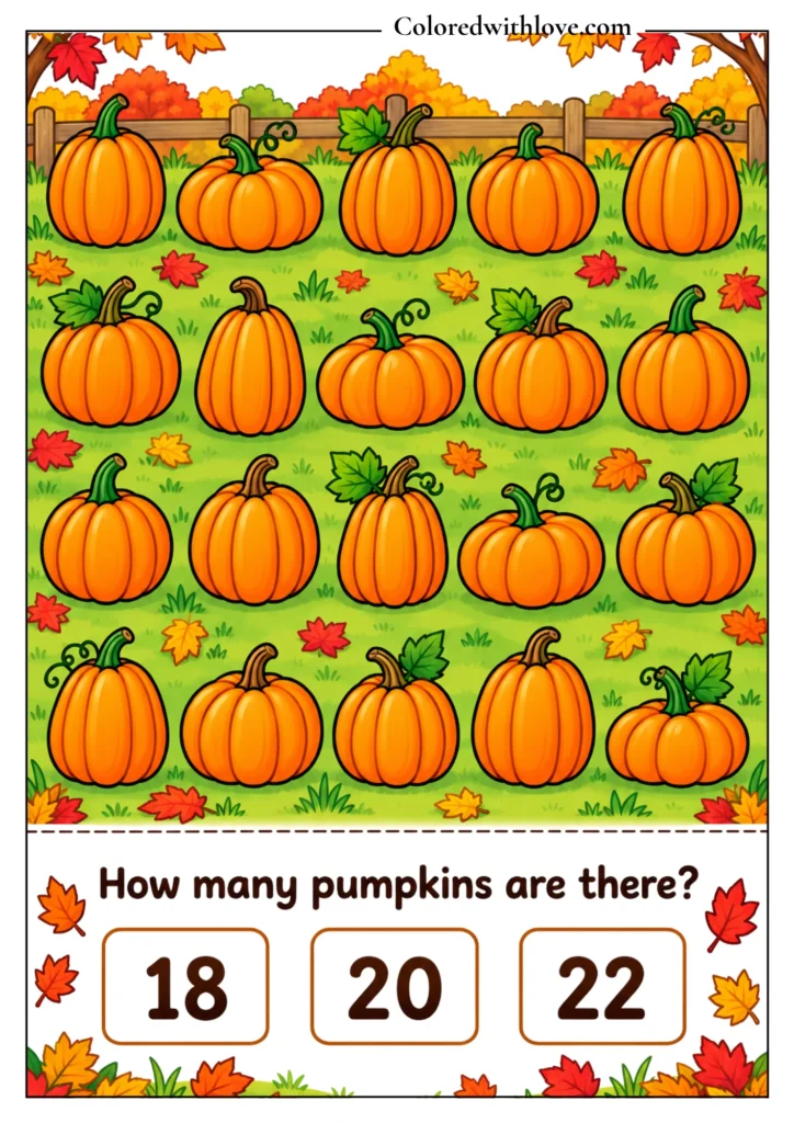 Fall counting activity featuring groups of pumpkins for children to count and match with the correct number.
