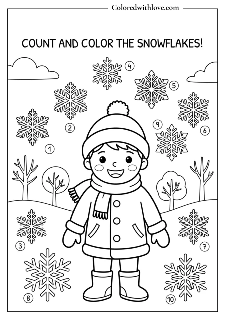 Count and color 10 snowflakes winter activity page for kids