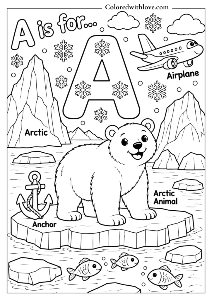 A is for Arctic educational winter coloring page with airplane, anchor, polar bear and fish