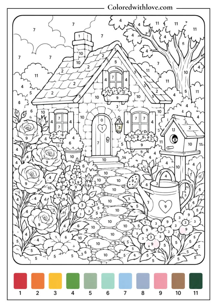 Adult color by number cozy cottage garden coloring page with flowers, trees, stone path and birdhouse