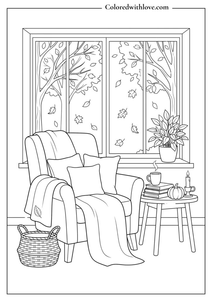Cozy fall coloring page showing a reading nook with an armchair, books, mug, pumpkin, candle, basket, plant, and an autumn window.