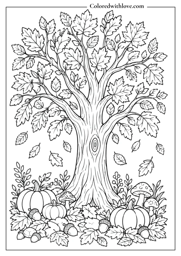 Fall coloring page featuring a large autumn tree with falling leaves, pumpkins, acorns, mushrooms, and woodland plants.