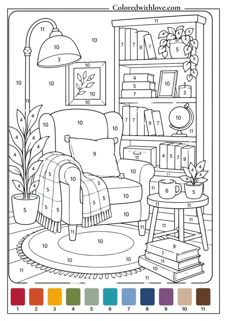 Adult color by number cozy reading nook coloring page with armchair, bookshelf, lamp, books and plants