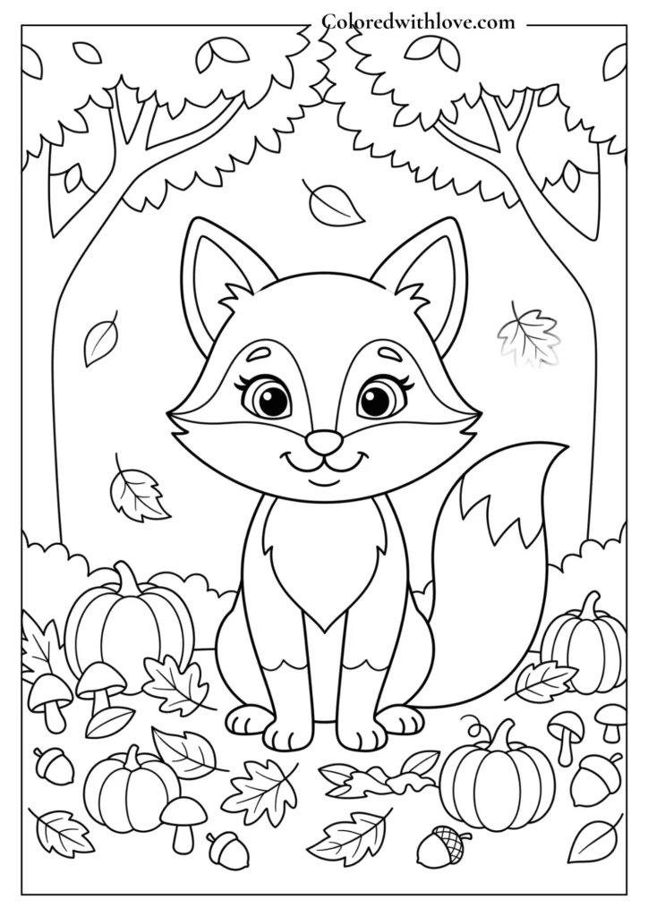 Cute fall coloring page featuring a fox sitting in an autumn forest surrounded by pumpkins, mushrooms, acorns, and falling leaves.