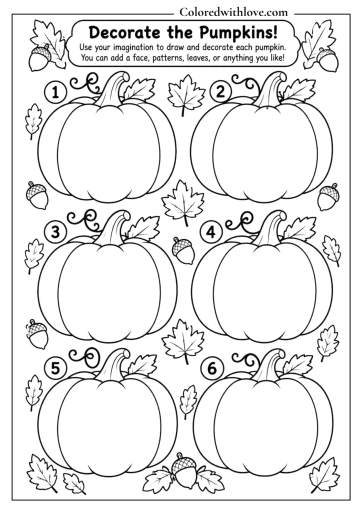 Fall coloring activity for kids featuring six large pumpkins to decorate with drawings, patterns, faces, leaves, and other creative designs, surrounded by autumn leaves and acorns.
