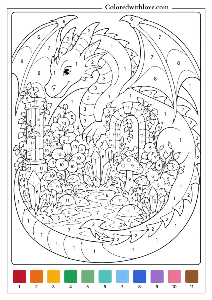Adult color by number dragon garden coloring page with a friendly dragon, flowers, crystals, mushrooms and ruins