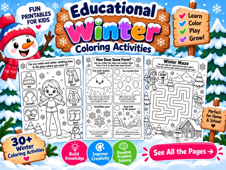 Educational Winter Coloring Activities for kids with snowman, winter animals, snowflakes and learning challenges