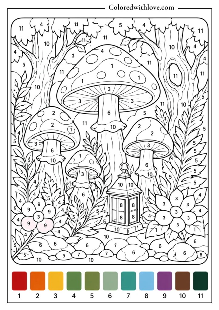 Adult color by number enchanted mushroom forest coloring page with mushrooms, ferns, flowers and trees