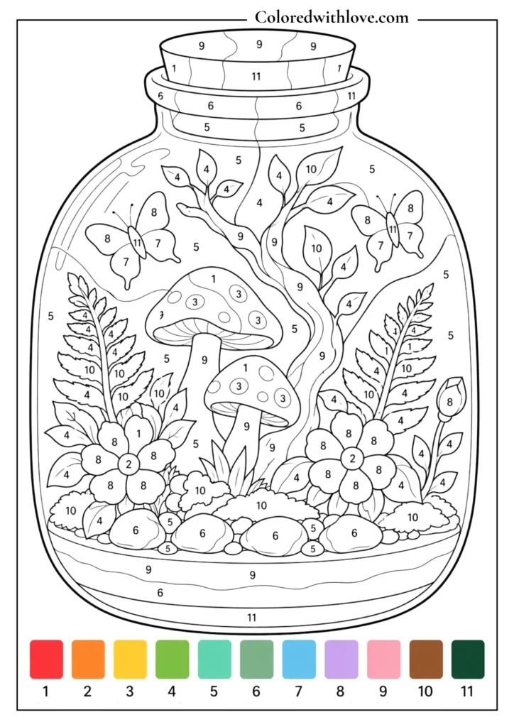 Adult color by number enchanted terrarium coloring page with mushrooms, flowers, vines and butterflies