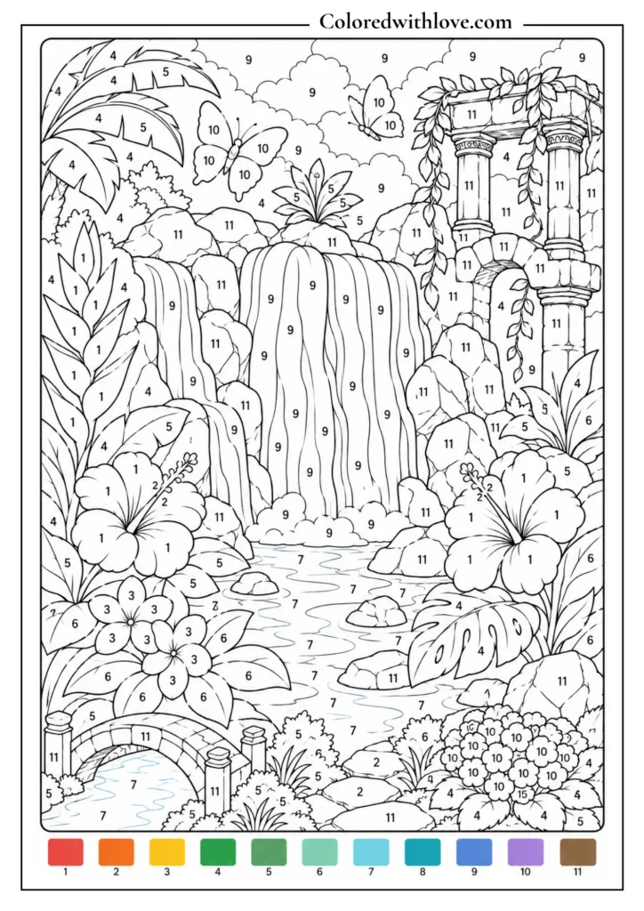 Adult color by number enchanted waterfall coloring page with tropical plants, rocks, flowers and ancient ruins