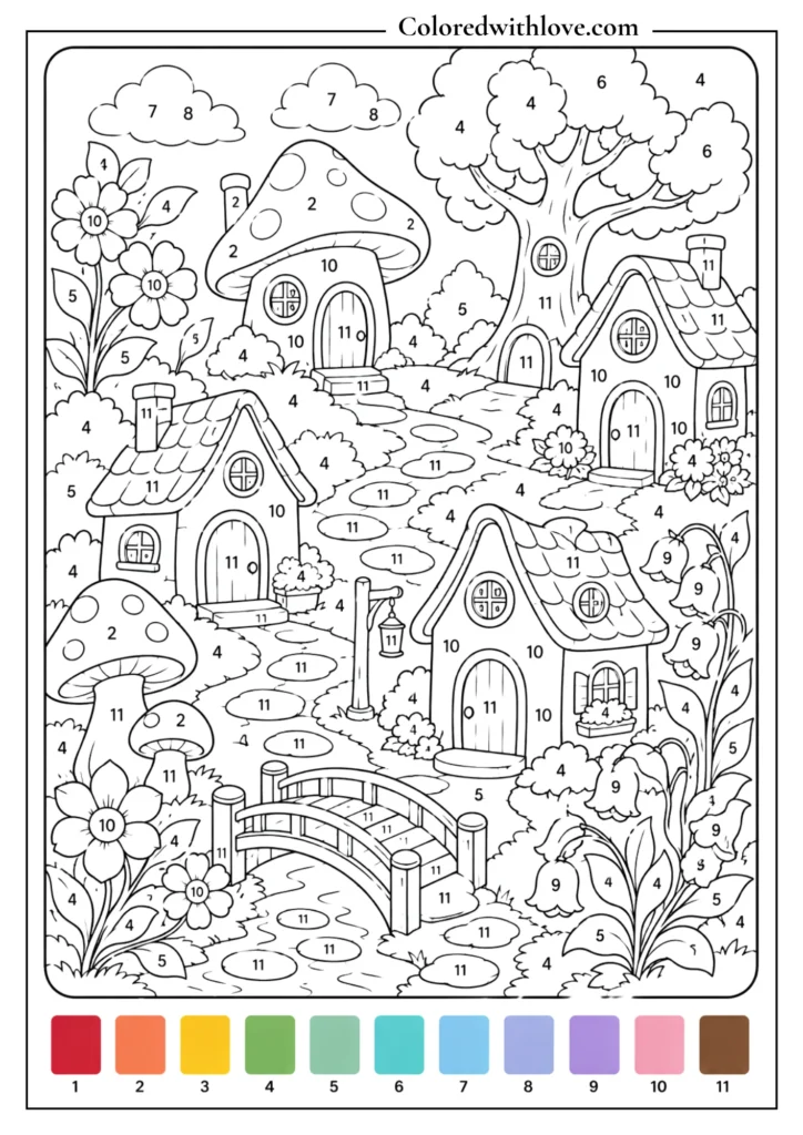 Adult color by number fairy village coloring page with tiny cottages, mushrooms, flowers, trees and bridge