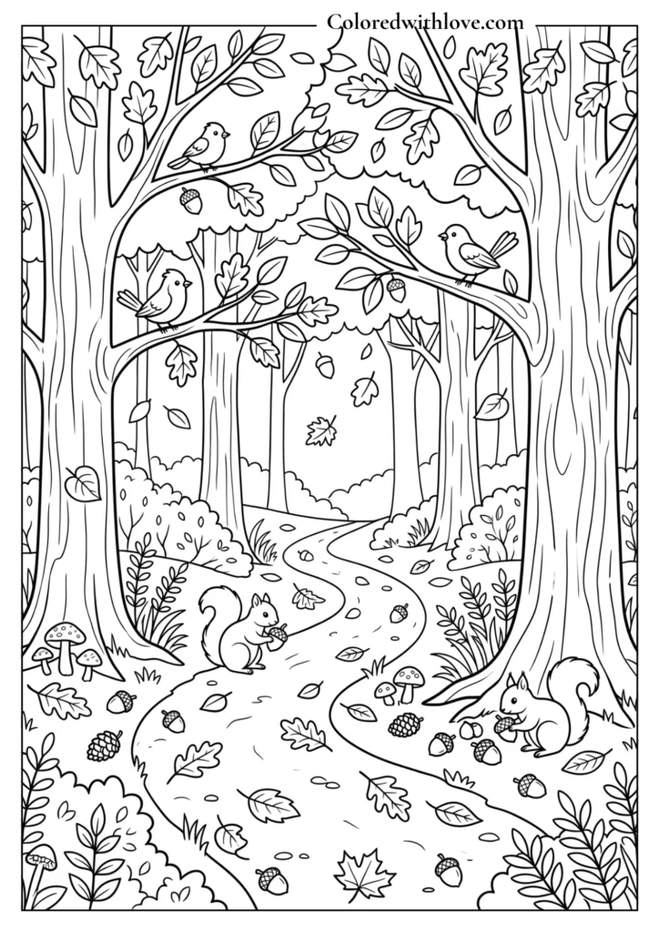 Fall coloring page showing a peaceful autumn forest with trees, a winding path, fallen leaves, mushrooms, acorns, pinecones, and squirrels.