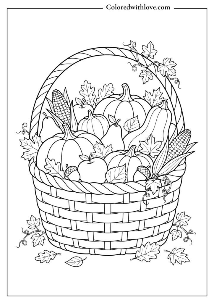 Fall coloring page of a harvest basket filled with pumpkins, apples, pears, corn, squash, acorns, and autumn leaves.