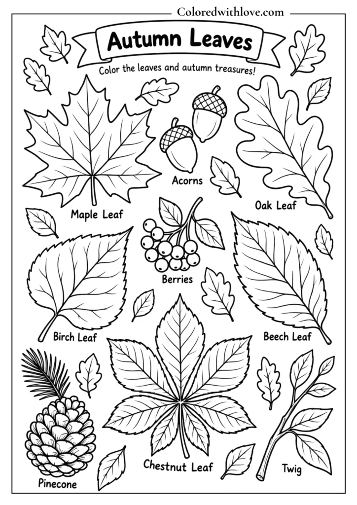 Fall coloring page featuring a botanical collection of maple, oak, birch, beech, and chestnut leaves with acorns, berries, twigs, and pinecones.