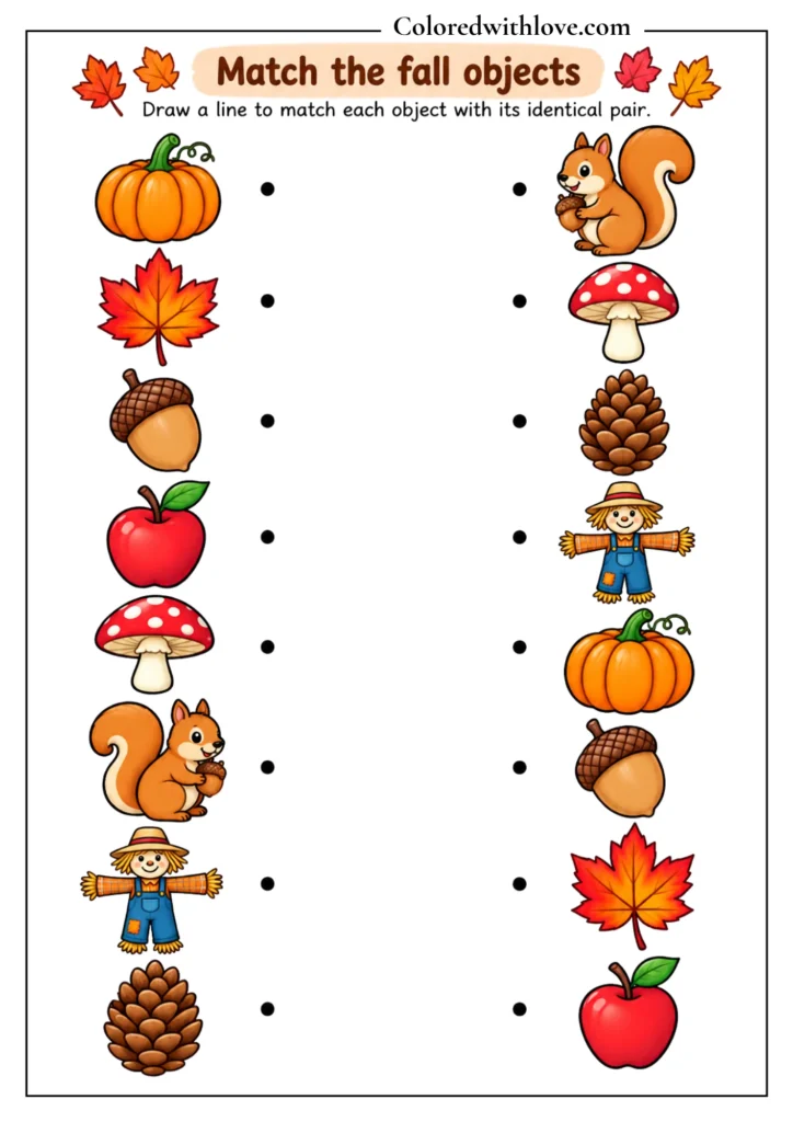 Fall matching worksheet featuring pumpkins, apples, acorns, leaves, mushrooms, a scarecrow, squirrel, and pinecones.