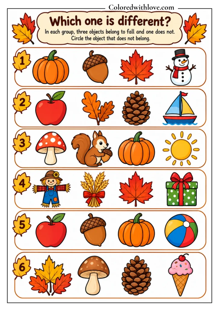 Fall activity worksheet for kids featuring six groups of four objects where children identify and circle the item that does not belong, including pumpkins, leaves, apples, acorns, mushrooms, squirrels, and other seasonal objects.