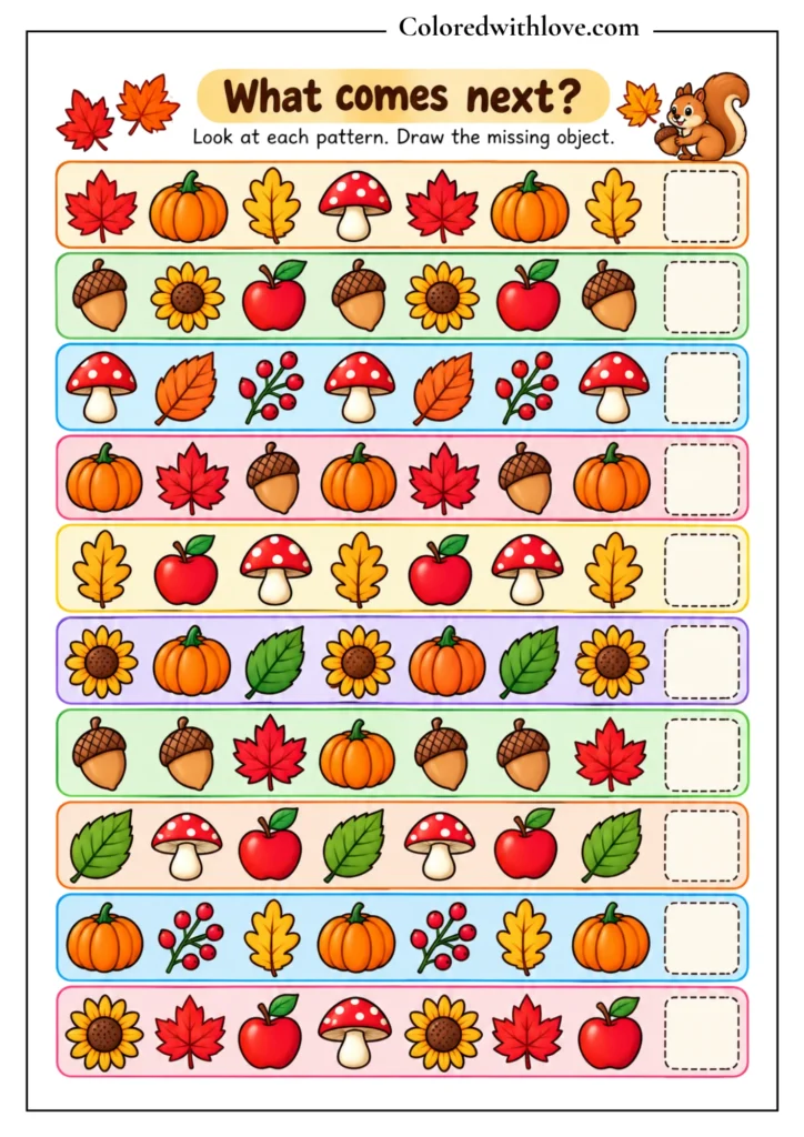 Fall pattern worksheet featuring repeating sequences of leaves, pumpkins, acorns, apples, and mushrooms for children to complete.