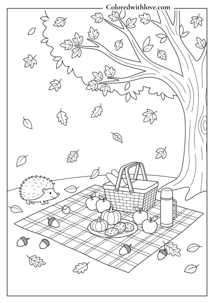 Fall coloring page featuring a cozy autumn picnic with a blanket, basket, apples, pumpkin treats, acorns, leaves, and a woodland animal.