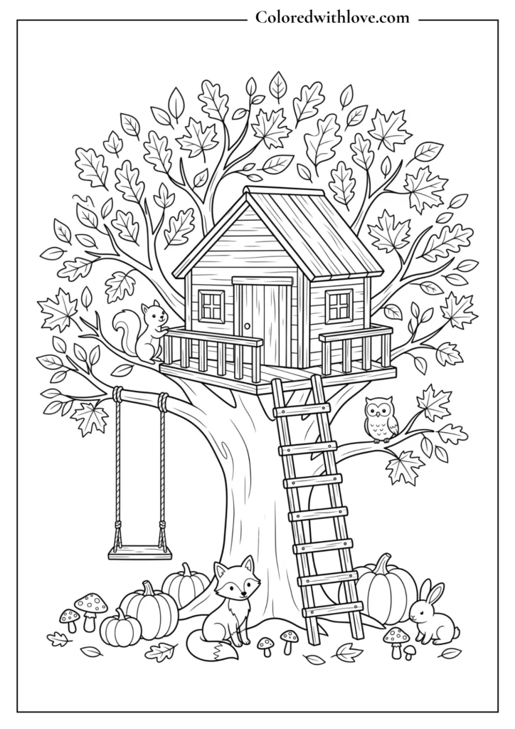 Fall coloring page featuring a charming treehouse surrounded by autumn leaves, branches, a ladder, rope swing, pumpkins, mushrooms, and woodland animals.