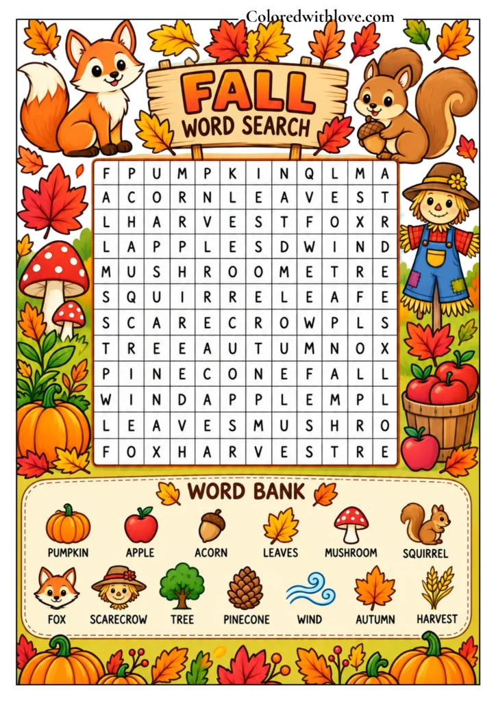 Fall word search activity surrounded by outlined autumn leaves, pumpkins, apples, acorns, mushrooms, a fox, squirrel, and scarecrow.