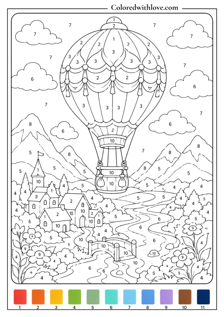 Adult color by number hot air balloon coloring page with fantasy mountains, clouds, village and river