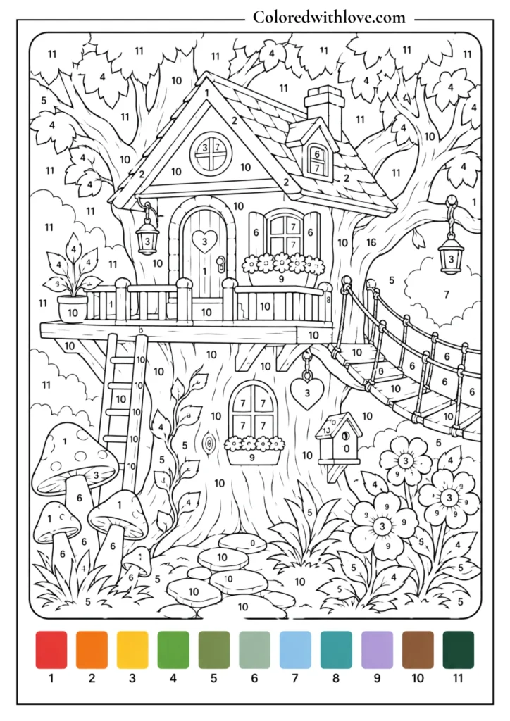 Adult color by number fantasy treehouse coloring page with a treehouse, ladder, vines, mushrooms and flowers