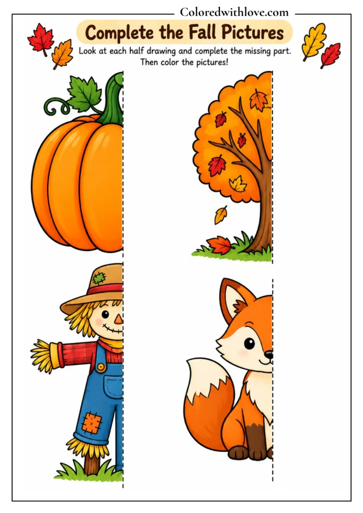 Fall drawing activity featuring partially completed pumpkins, an autumn tree, scarecrow, and fox for children to finish and color.