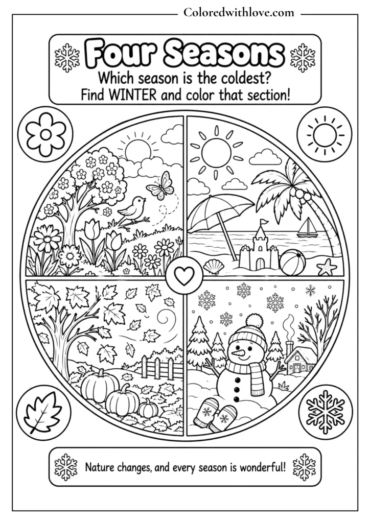 Four seasons educational coloring activity with winter snow and seasonal scenes