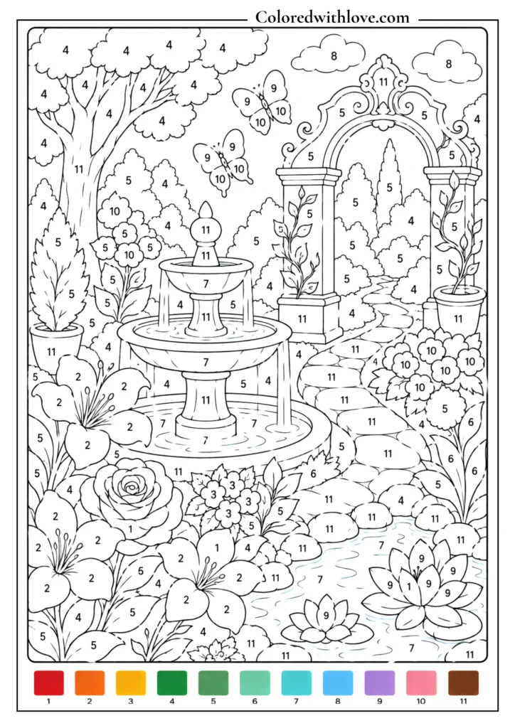 Adult color by number fantasy garden coloring page with fountain, flowers, pond, arch, trees and butterflies