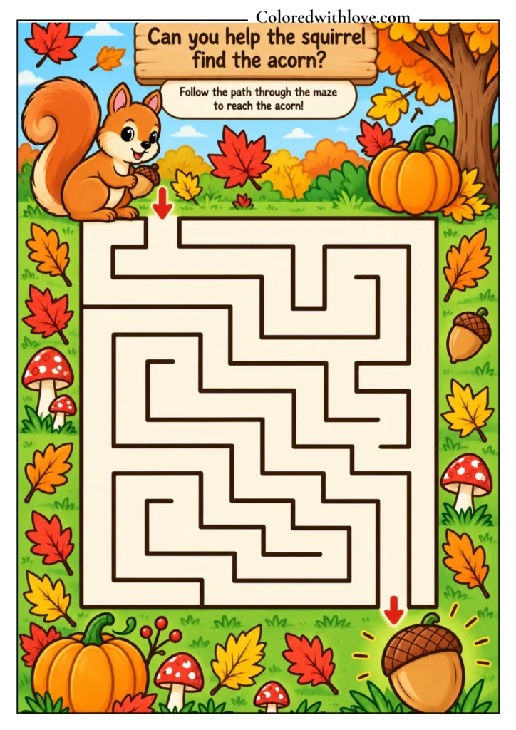Fall maze activity featuring a cute squirrel finding its way through an autumn maze to reach a large acorn.