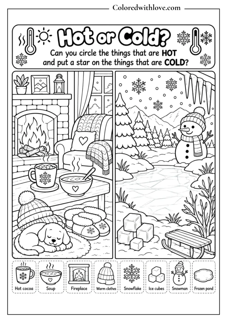 Hot or cold winter sorting and coloring activity for children