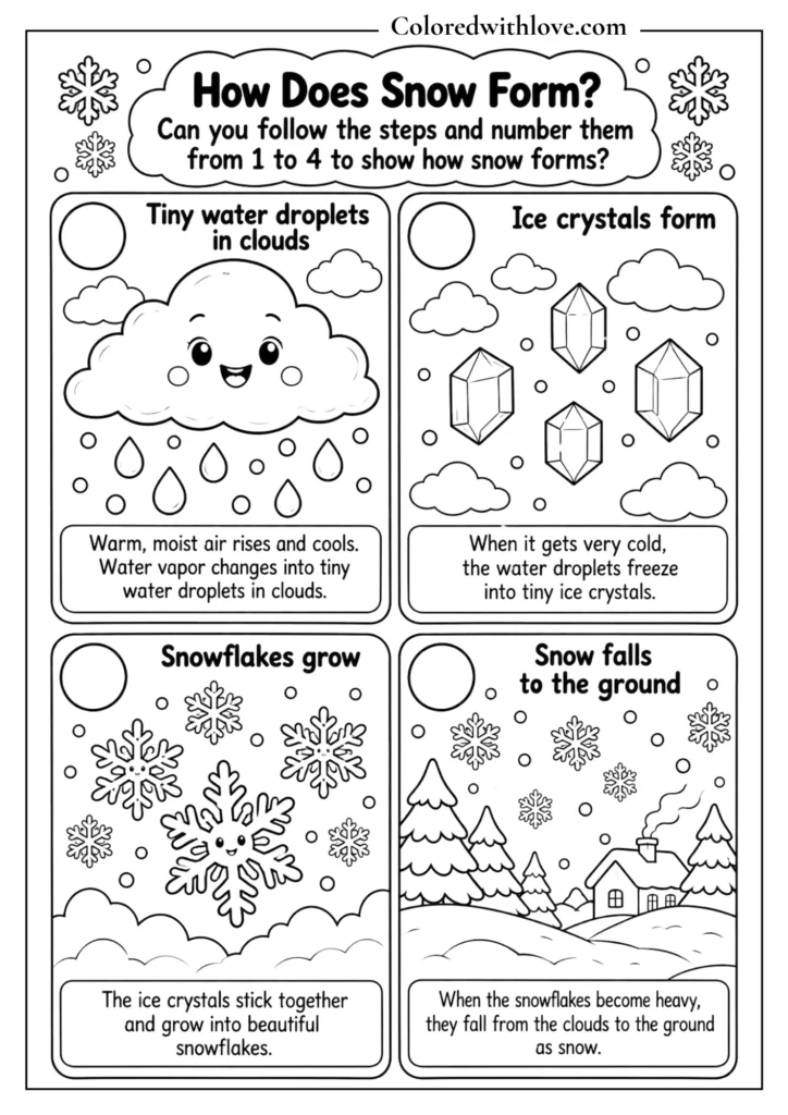 How snow forms educational winter science coloring page for kids