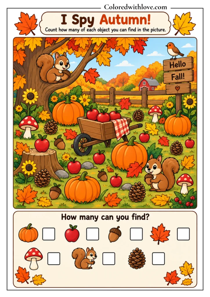 Fall I-Spy activity featuring pumpkins, apples, acorns, autumn leaves, mushrooms, squirrels, and pinecones for children to find and count.