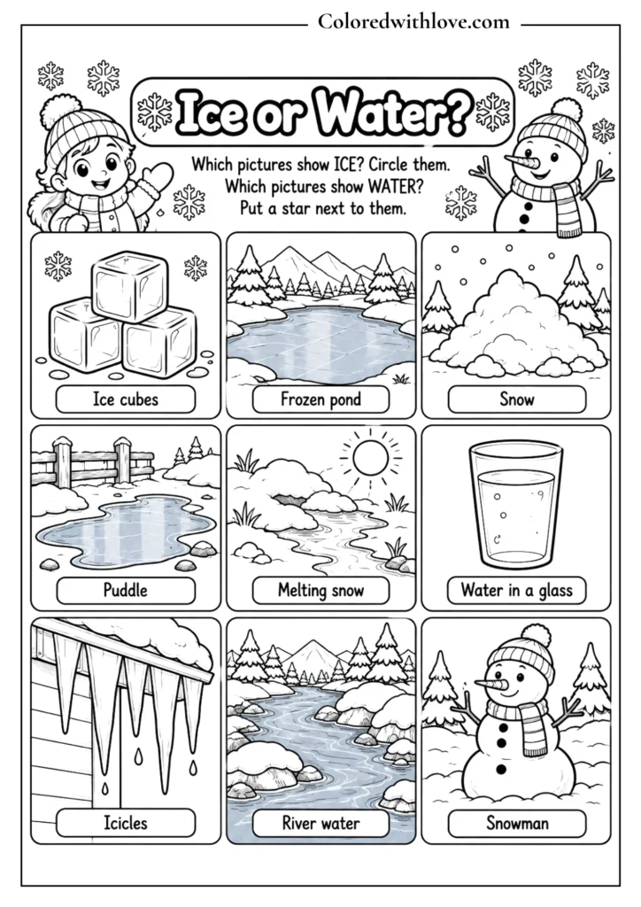 Ice or water educational winter science coloring activity for kids