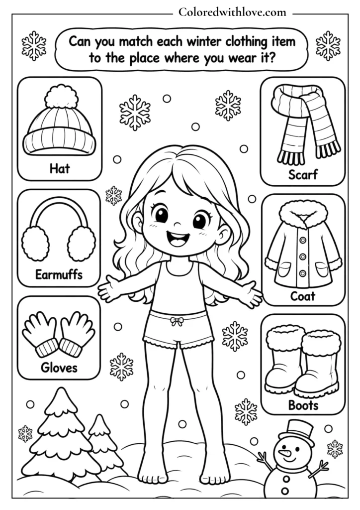 Winter clothing matching coloring activity with hat, scarf, coat, gloves and boots
