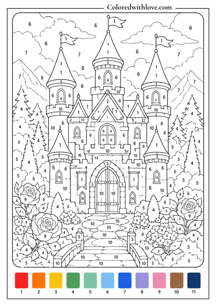 Adult color by number magical castle coloring page with towers, garden, trees and mountains