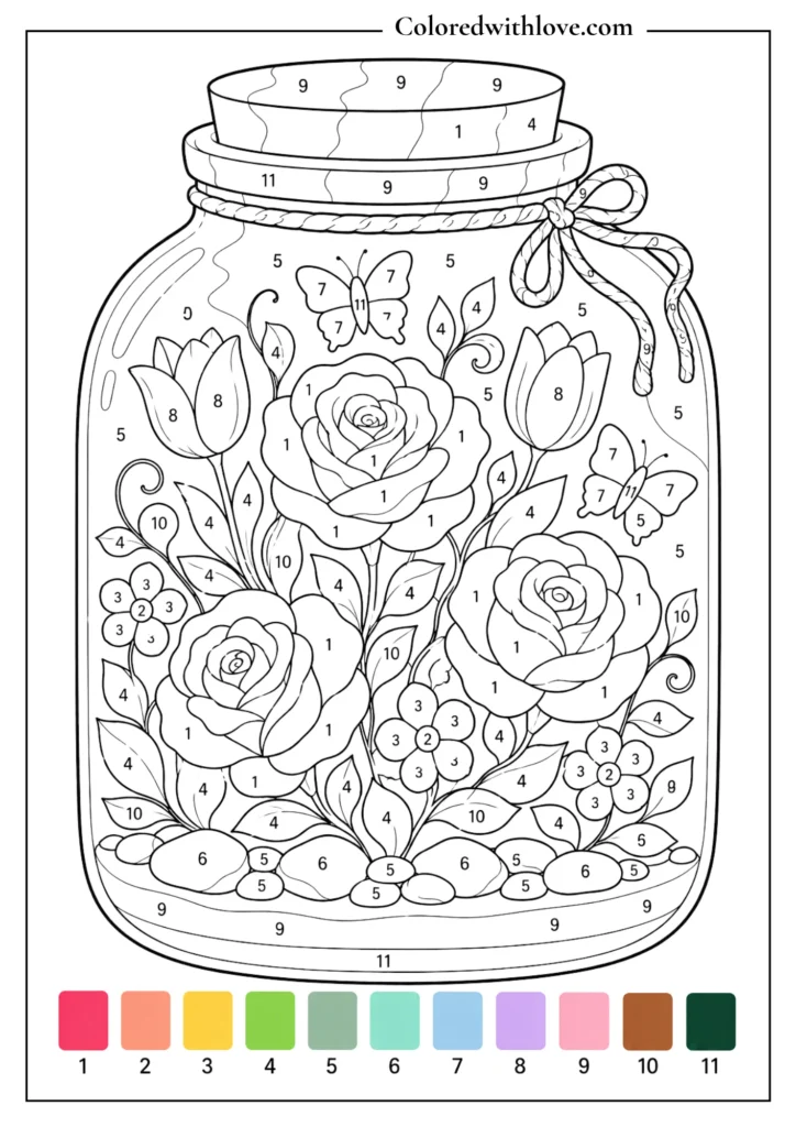 Adult color by number magical garden jar coloring page with roses, flowers, vines and butterflies