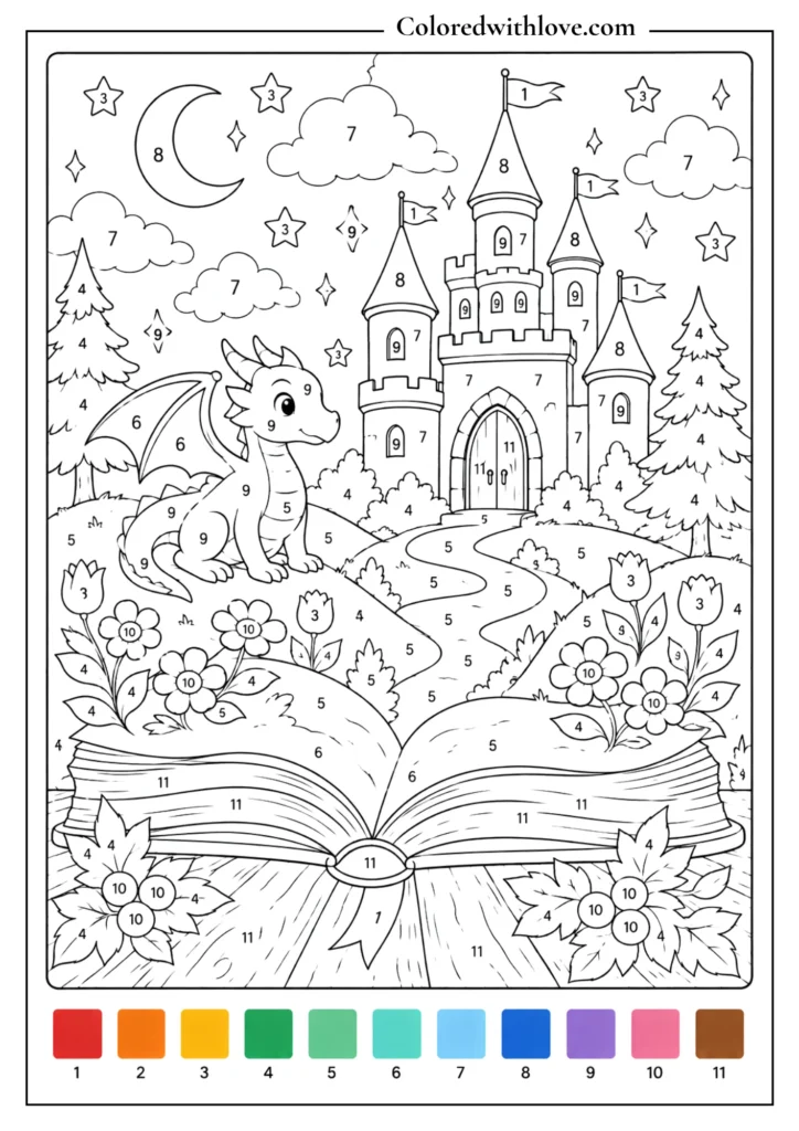 Adult color by number magical storybook coloring page with fantasy castle, dragon, flowers, stars and clouds