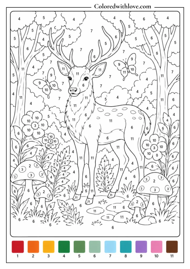Adult color by number woodland deer coloring page with deer, flowers, mushrooms, butterflies and trees