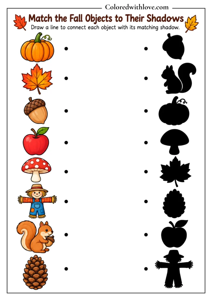 Fall activity worksheet for matching autumn objects with their corresponding outlines, including pumpkins, leaves, acorns, apples, mushrooms, and squirrels.
