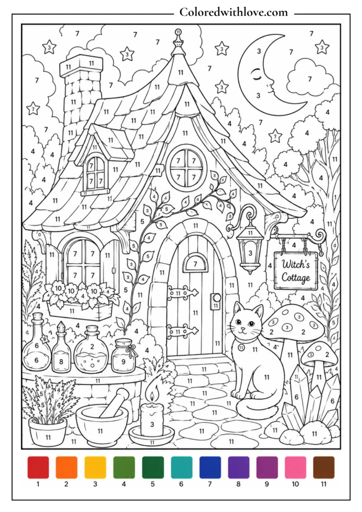 Adult color by number witch cottage coloring page with potion bottles, mushrooms, crystals, cat and moon
