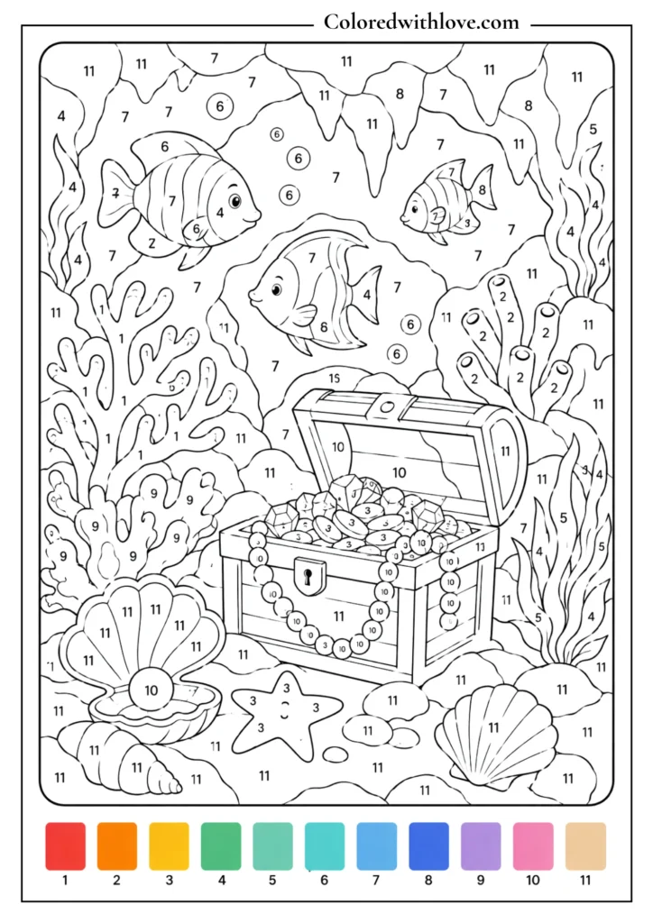 Adult color by number ocean treasure cave coloring page with coral, fish, shells, pearls and treasure chest